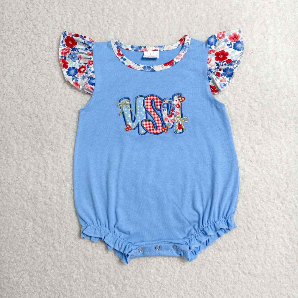 SR4186 Baby Blue USA embroidery flying sleeve Rompers
