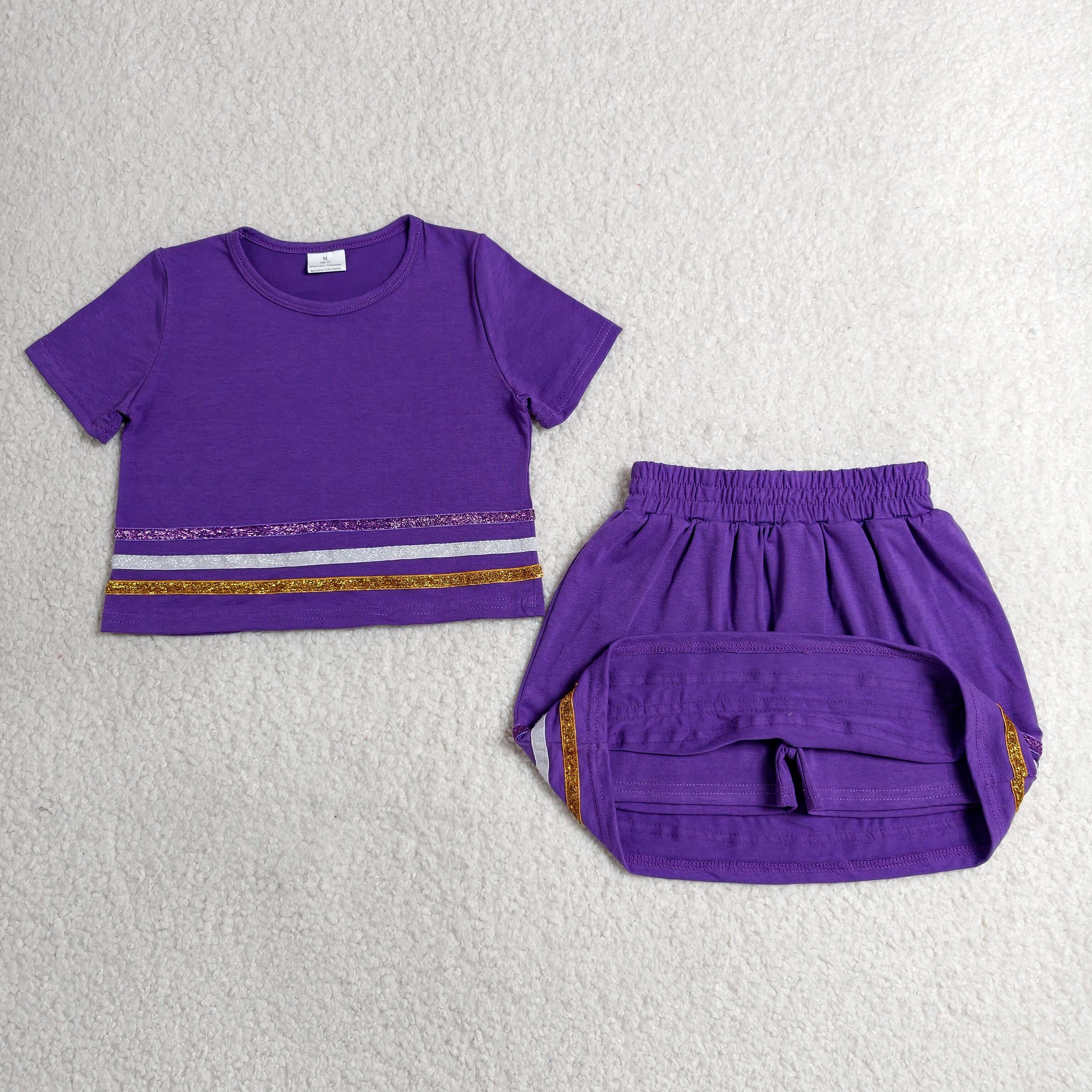 GSD3944  RTS Purple solid with yellow white  sequin stripe active girl skirt dress