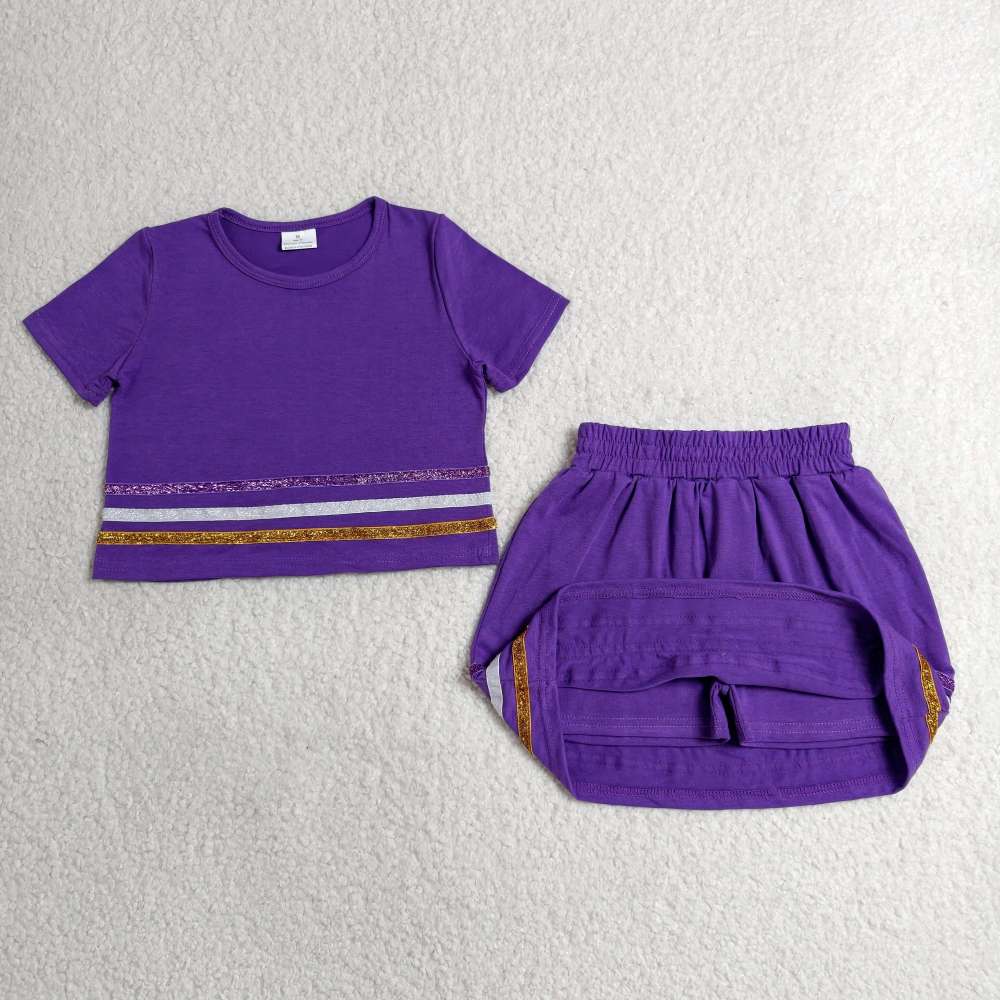 GSD3944  RTS Purple solid with yellow white  sequin stripe active girl skirt dress