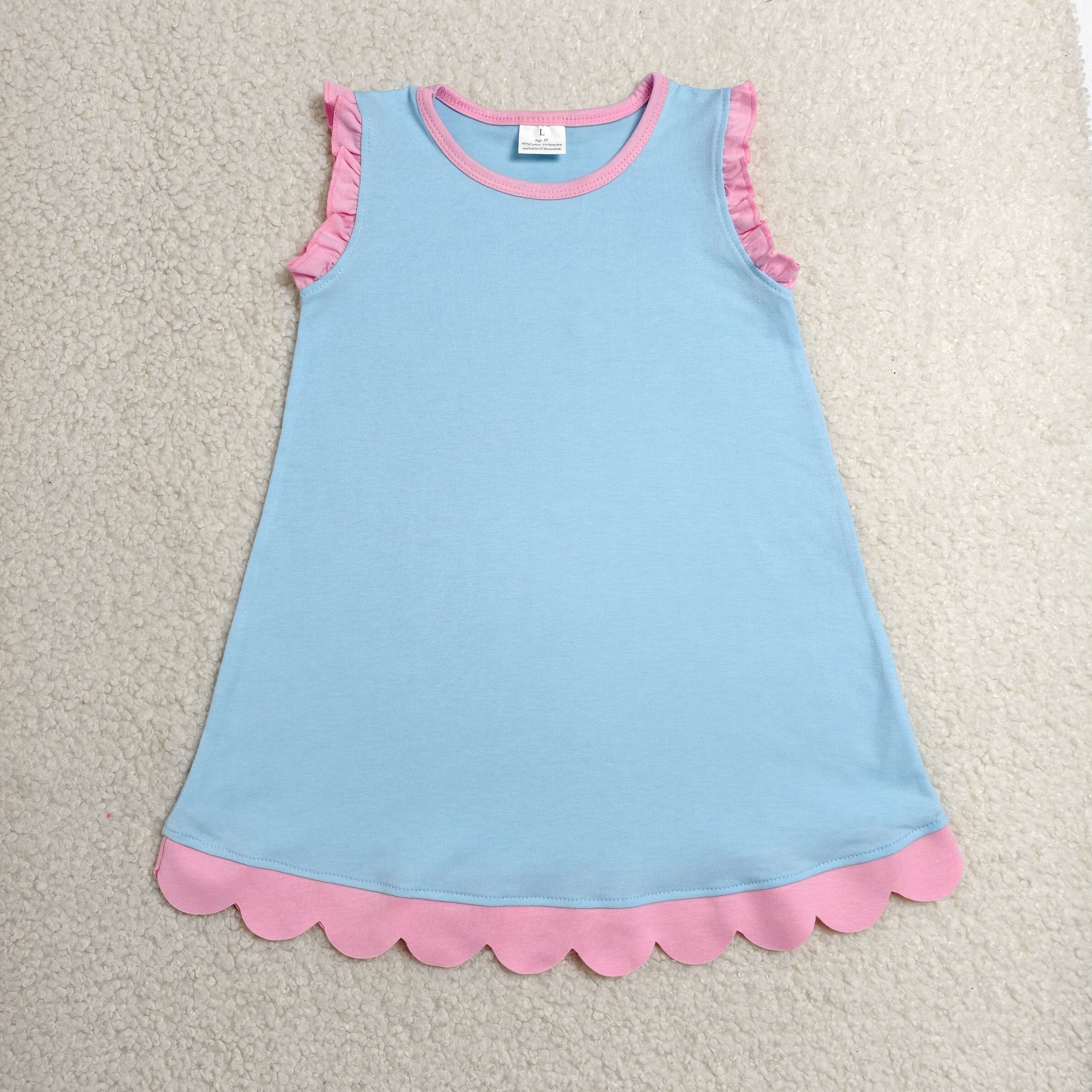 GSD4048  RTS  Sky blue pink trim solid summer scallop dress