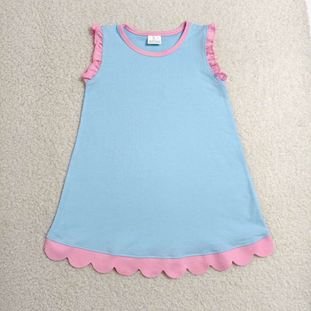GSD4048  RTS  Sky blue pink trim solid summer scallop dress
