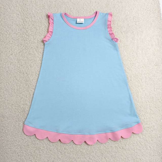 GSD4048  RTS  Sky blue pink trim solid summer scallop dress