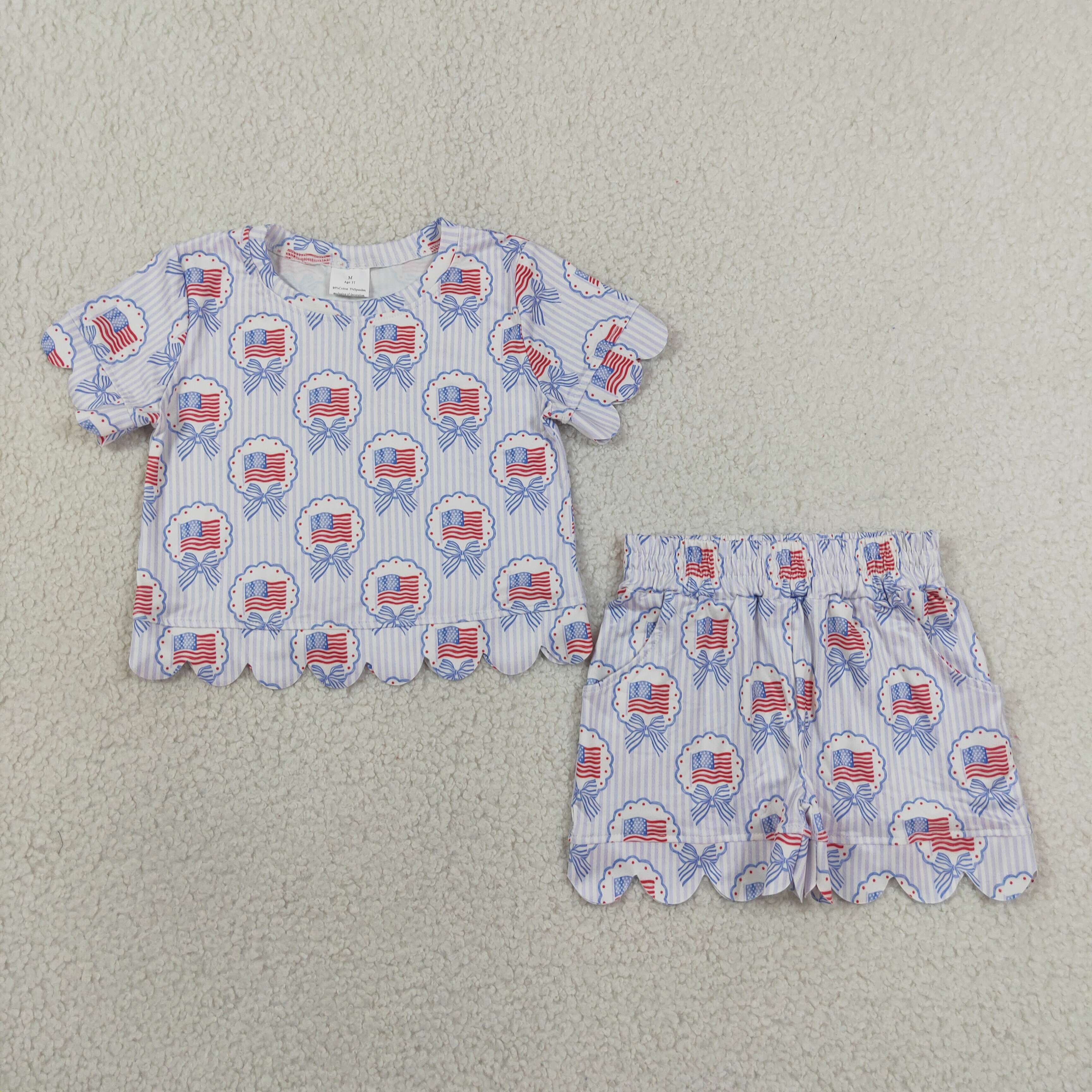 GSSO3555 Blue stripe 4th of july flag Print Short sleeve girl  SCALLOP  outfits