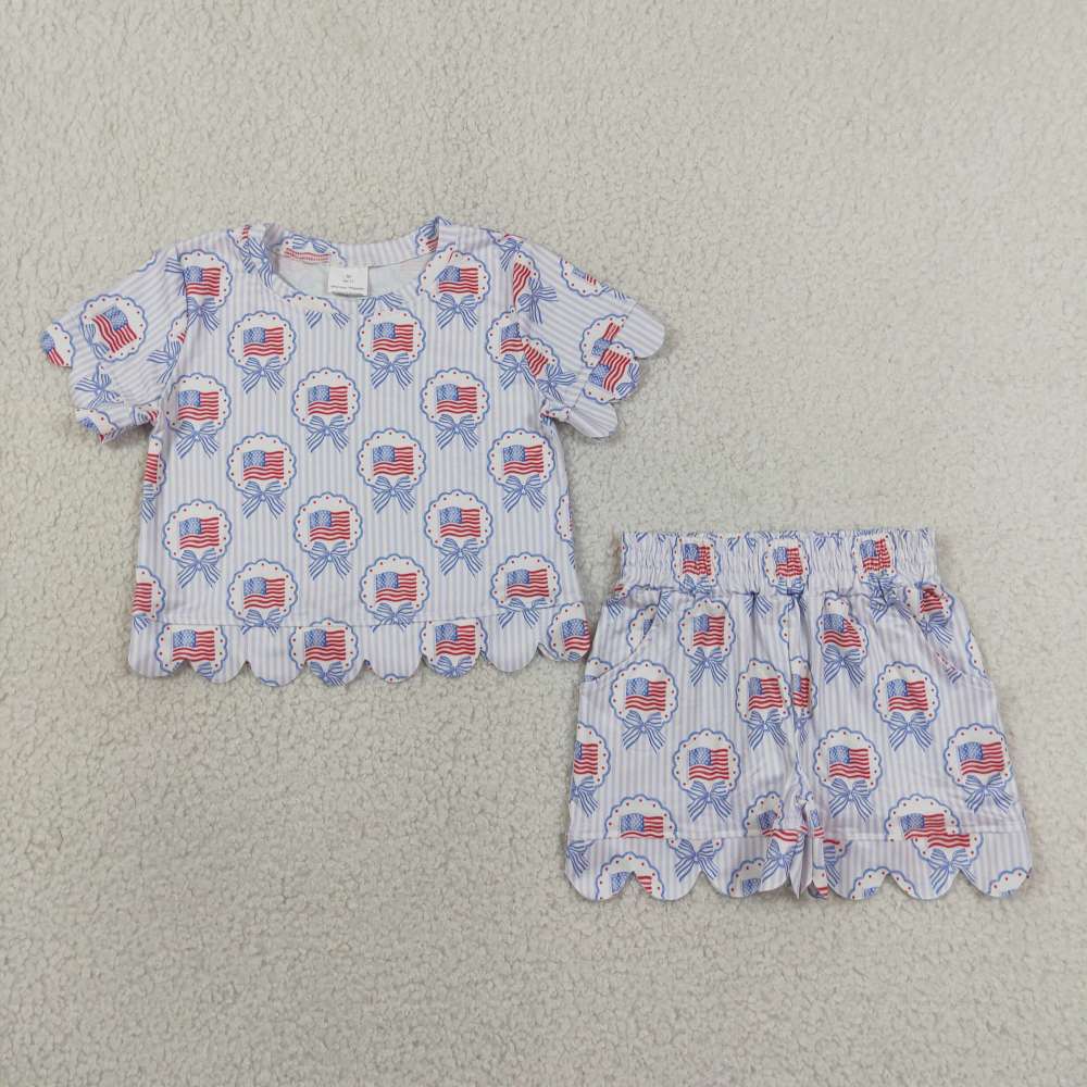 GSSO3555 Blue stripe 4th of july flag Print Short sleeve girl  SCALLOP  outfits