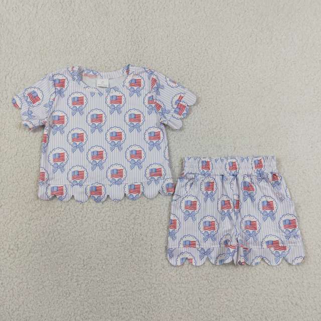 GSSO3555 Blue stripe 4th of july flag Print Short sleeve girl  SCALLOP  outfits