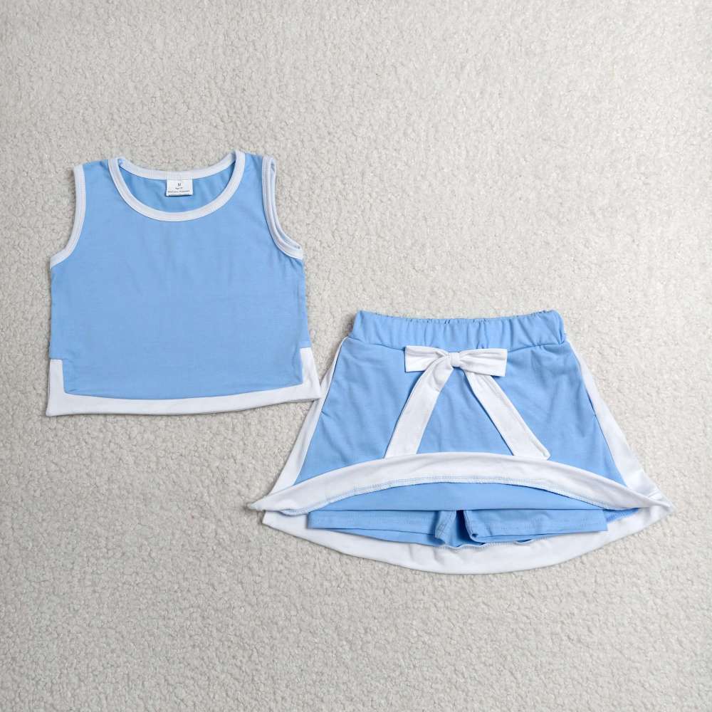GSD3828 RTS Blue solid with white trim print active girl yoga skirt dress