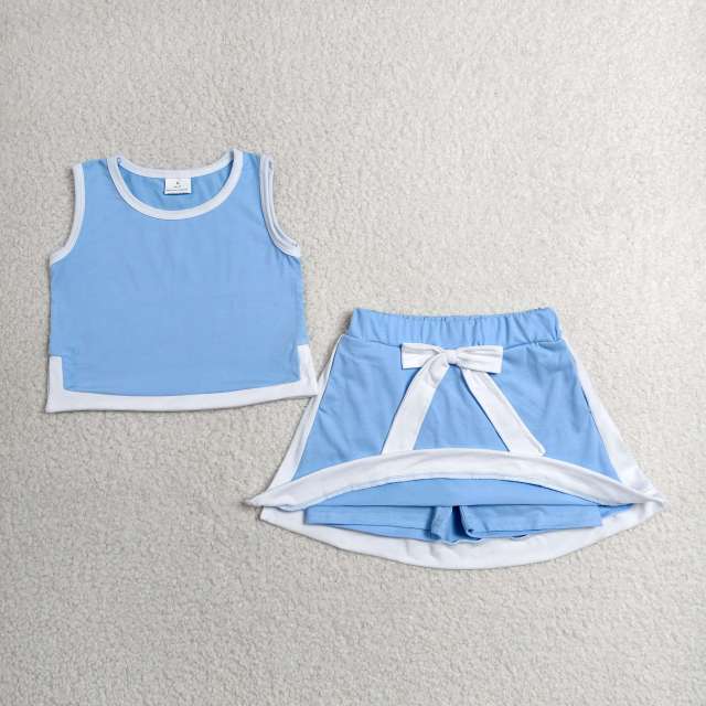 GSD3828 RTS Blue solid with white trim print active girl yoga skirt dress