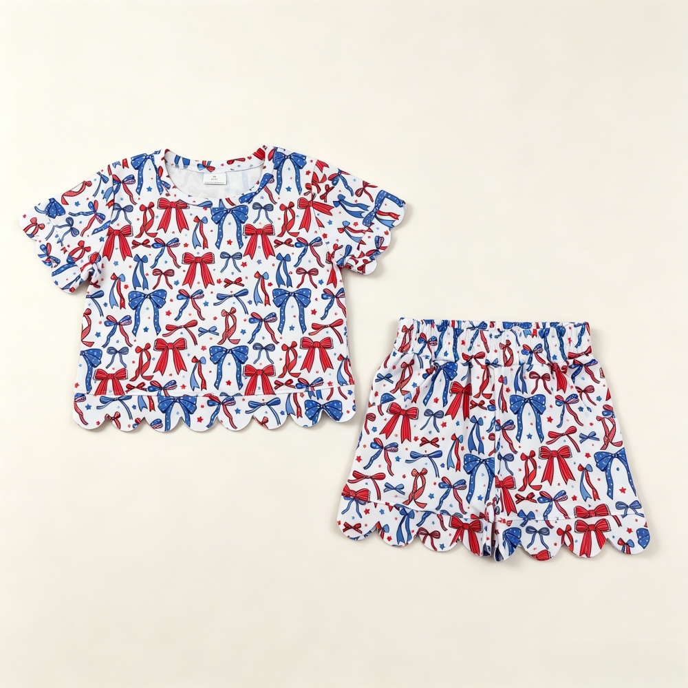 GSSO3548  Blue red bows 4th of july flag Print Short sleeve girl  SCALLOP  outfits