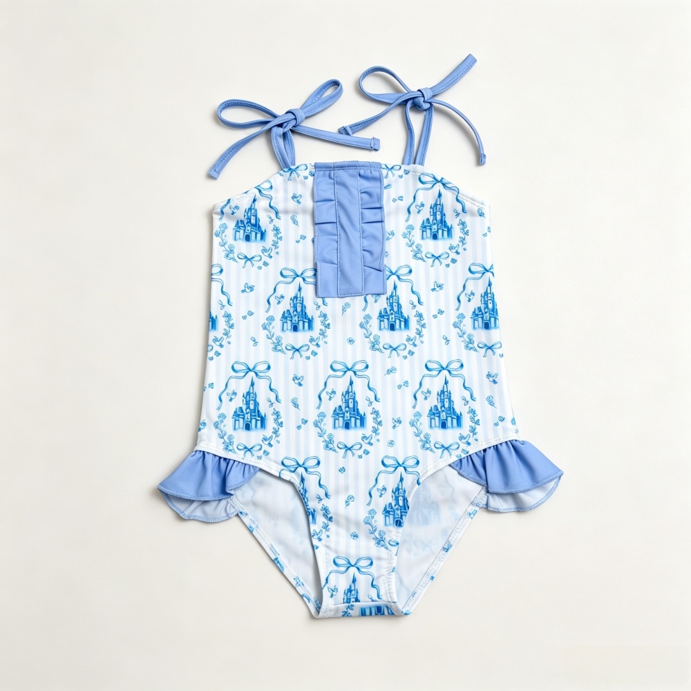 S0753 Blue stripe castle bows print girl sleeveless swimsuit