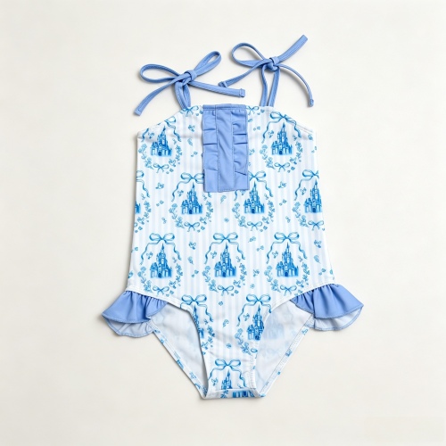 S0753 Blue stripe castle bows print girl sleeveless swimsuit