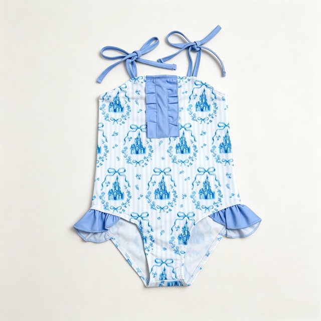 S0753 Blue stripe castle bows print girl sleeveless swimsuit