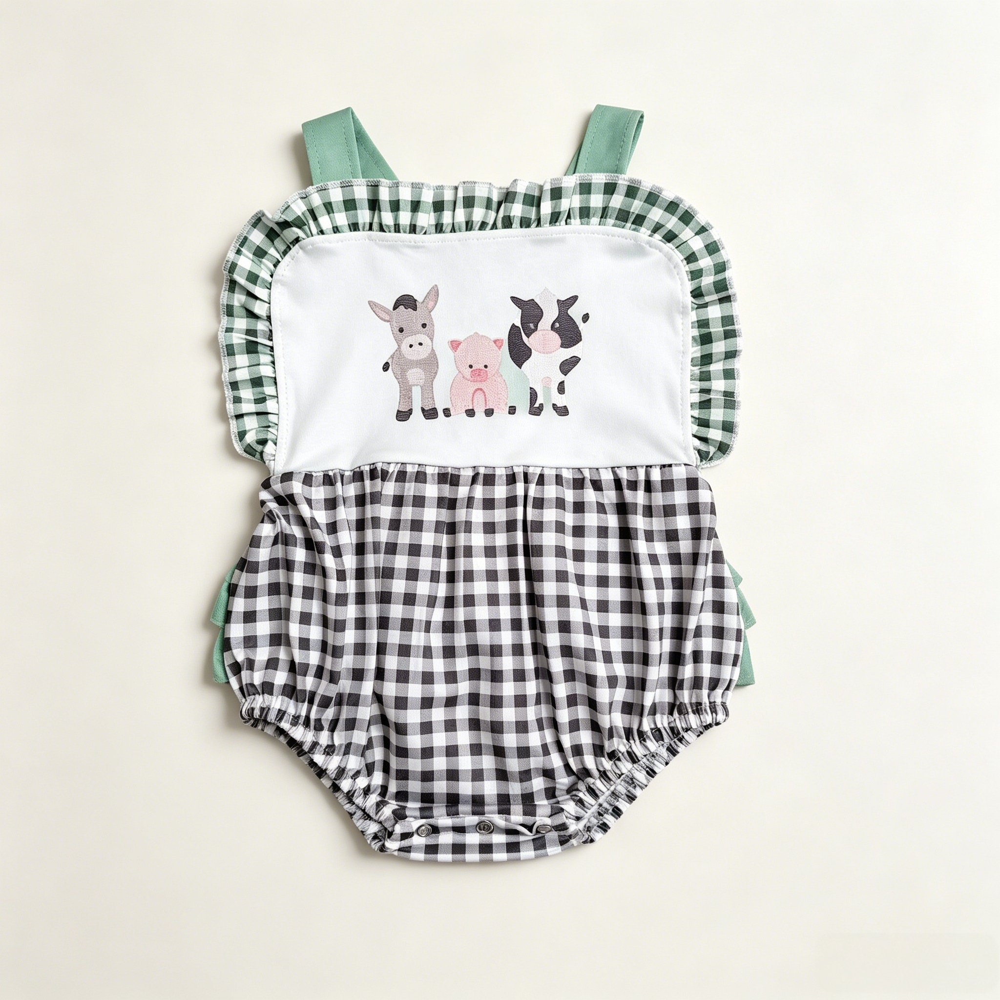 SR3866 Baby GIRL Farm animals plaid sleeveless Rompers