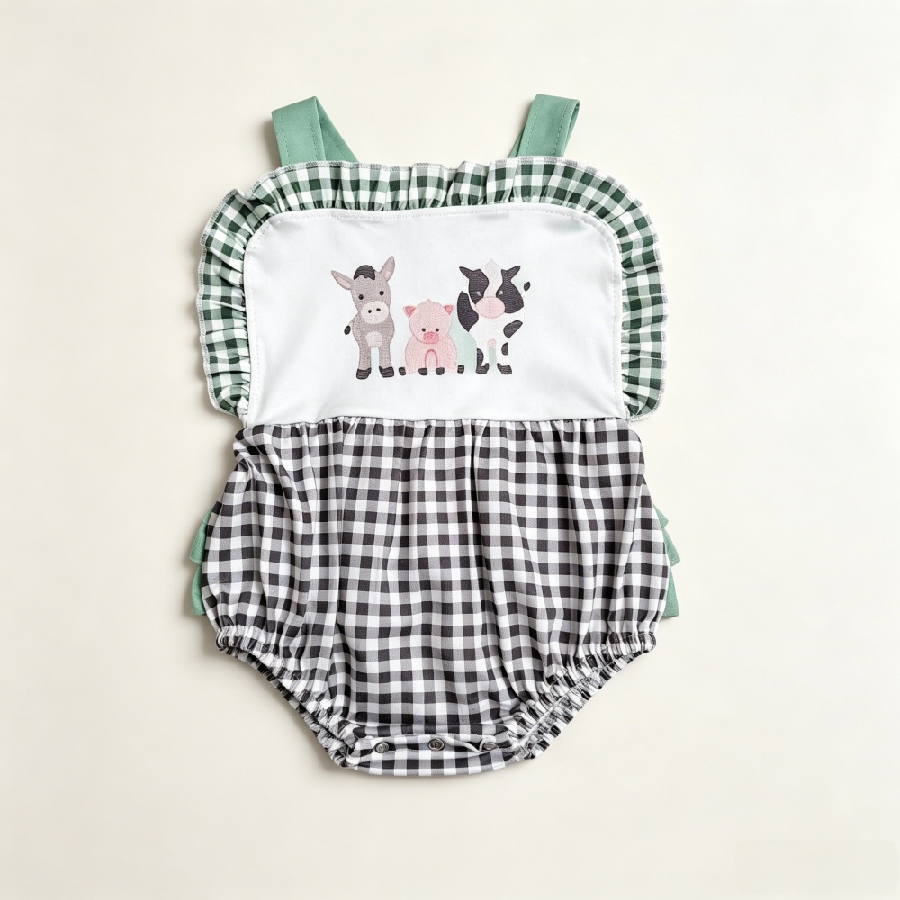 SR3866 Baby GIRL Farm animals plaid sleeveless Rompers