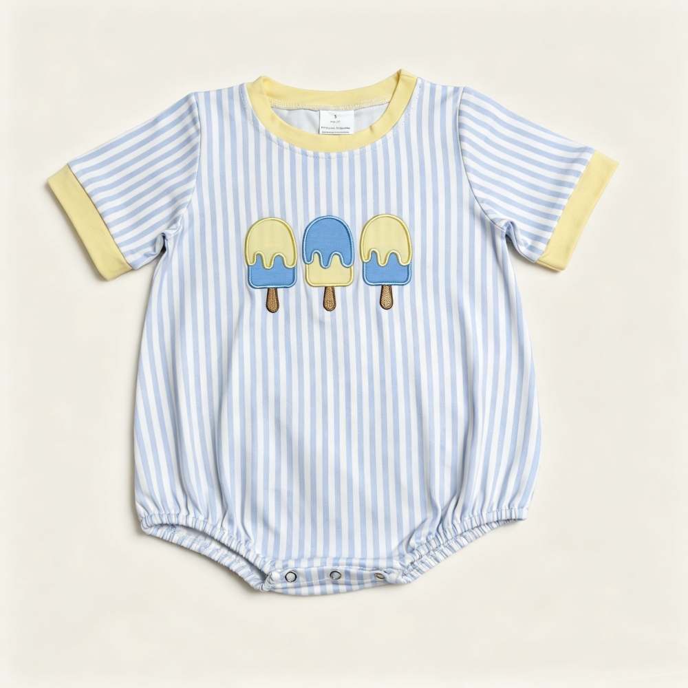 SR4107 Baby Blue stripe ice scream embroidery short sleeve Rompers