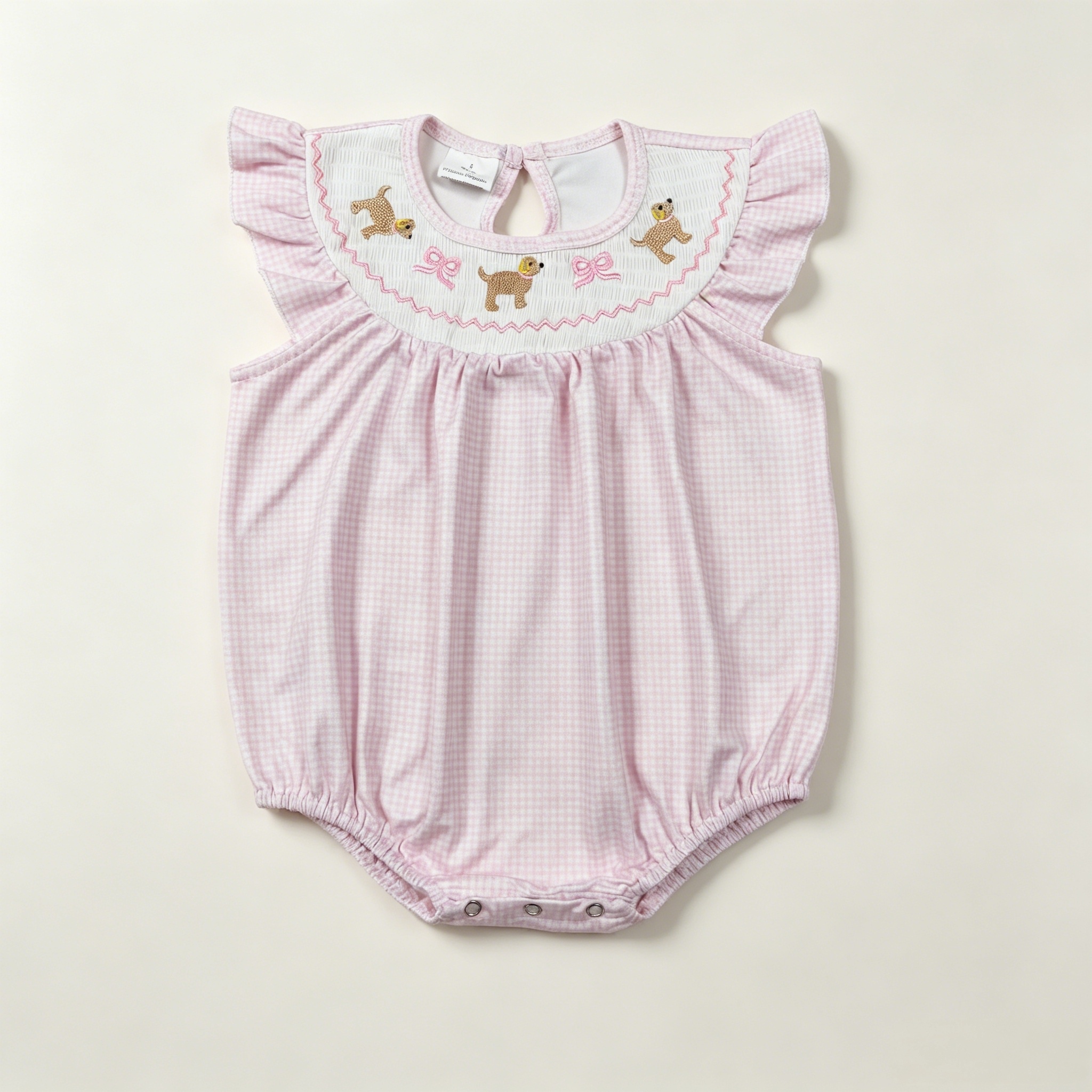 SR3981 RTS Girl Purple plaid little puppy bows smock flying sleeve baby romper