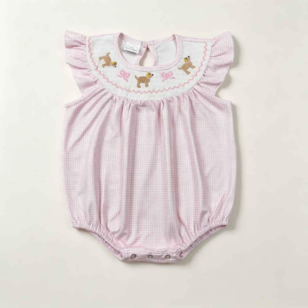 SR3981 RTS Girl Purple plaid little puppy bows smock flying sleeve baby romper