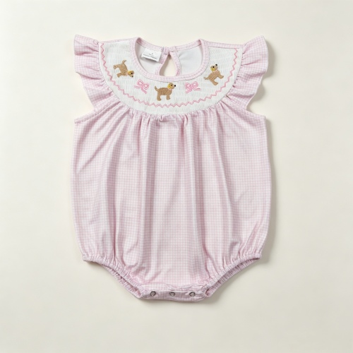SR3981 RTS Girl Purple plaid little puppy bows smock flying sleeve baby romper