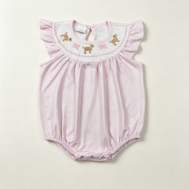 SR3981 RTS Girl Purple plaid little puppy bows smock flying sleeve baby romper