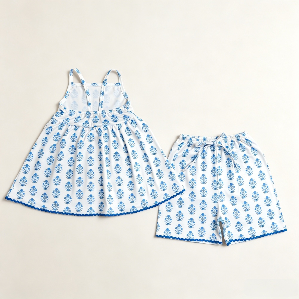 GSSO3416 Blue flowers Solid print sleeveless girl outfits