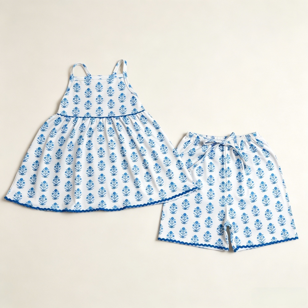 GSSO3416 Blue flowers Solid print sleeveless girl outfits