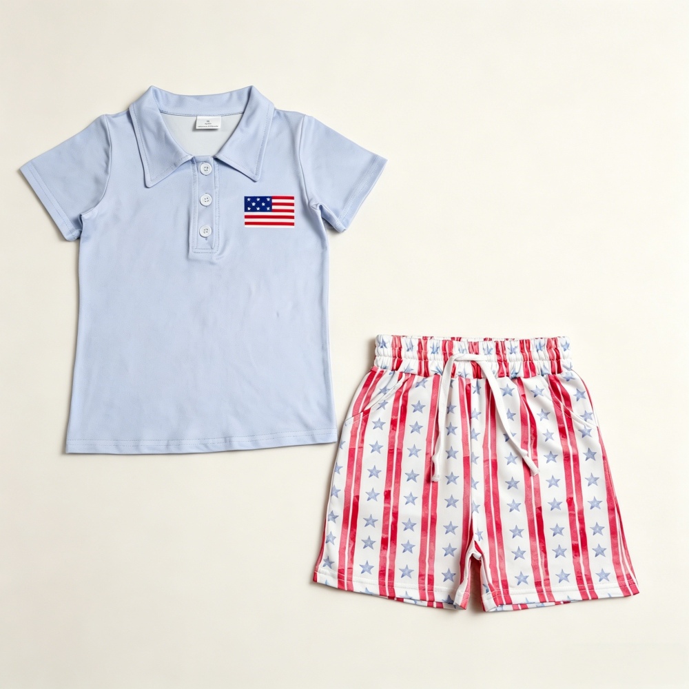 BSSO1480 RTS 4Tof july flag  short sleeve boy outfits