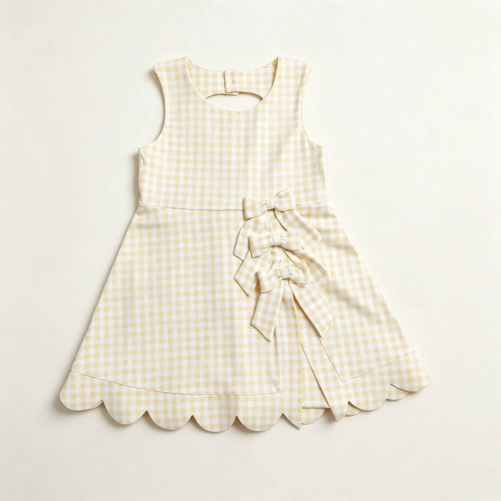 GSD3027 RTS Yellow plaid bows print active girl yoga scallop dress