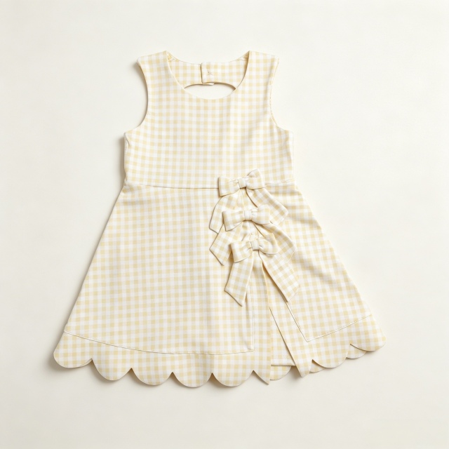 GSD3027 RTS Yellow plaid bows print active girl yoga scallop dress