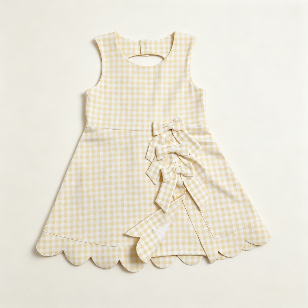 GSD3027 RTS Yellow plaid bows print active girl yoga scallop dress