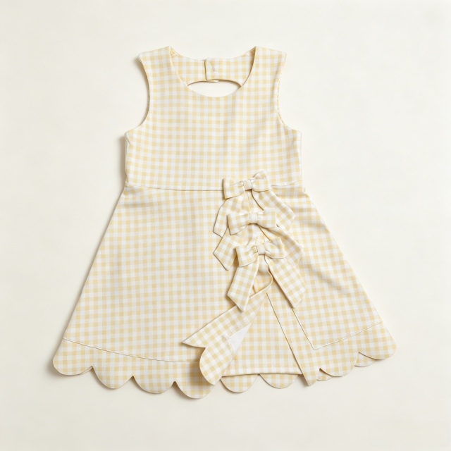 GSD3027 RTS Yellow plaid bows print active girl yoga scallop dress