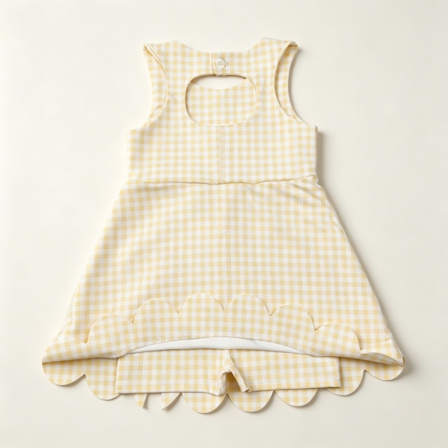 GSD3027 RTS Yellow plaid bows print active girl yoga scallop dress