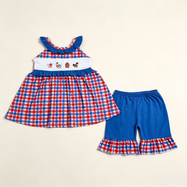GSSO3056  Red blue plaid farm animals embroidery sleeveless girl outfits
