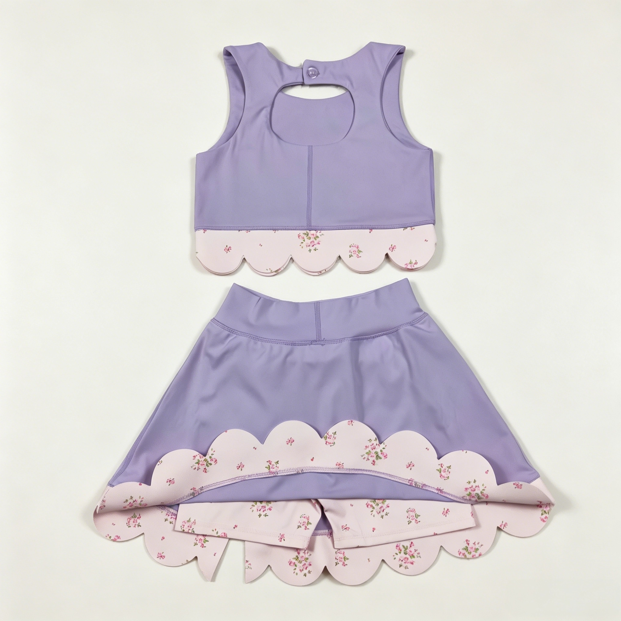 GSD3323  RTS Purple solid floral bows print active girl yoga scallop skirt dress