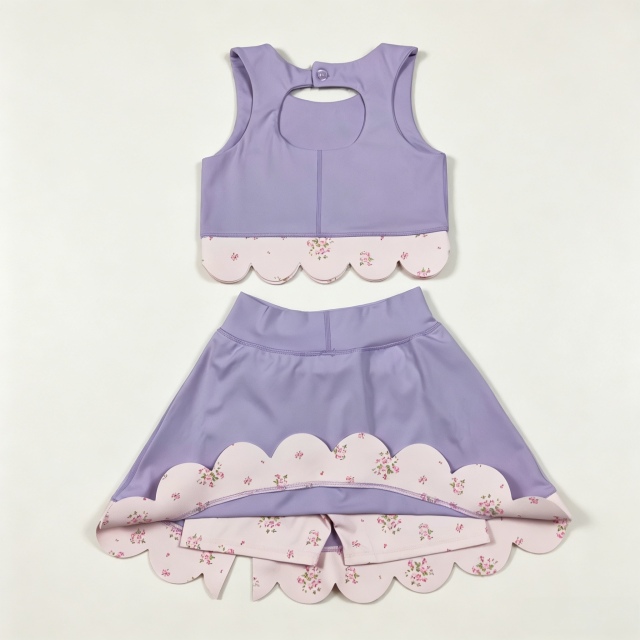 GSD3323  RTS Purple solid floral bows print active girl yoga scallop skirt dress