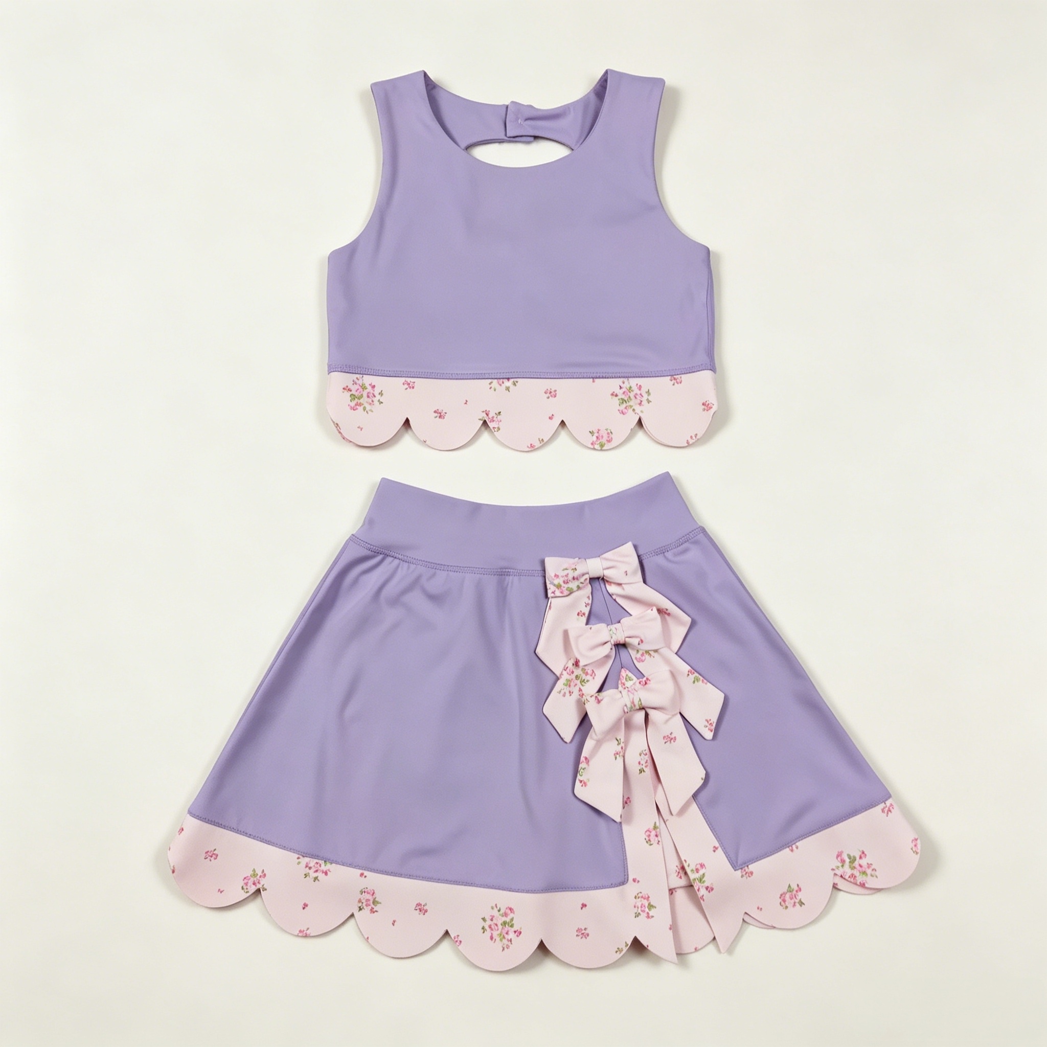 GSD3323  RTS Purple solid floral bows print active girl yoga scallop skirt dress