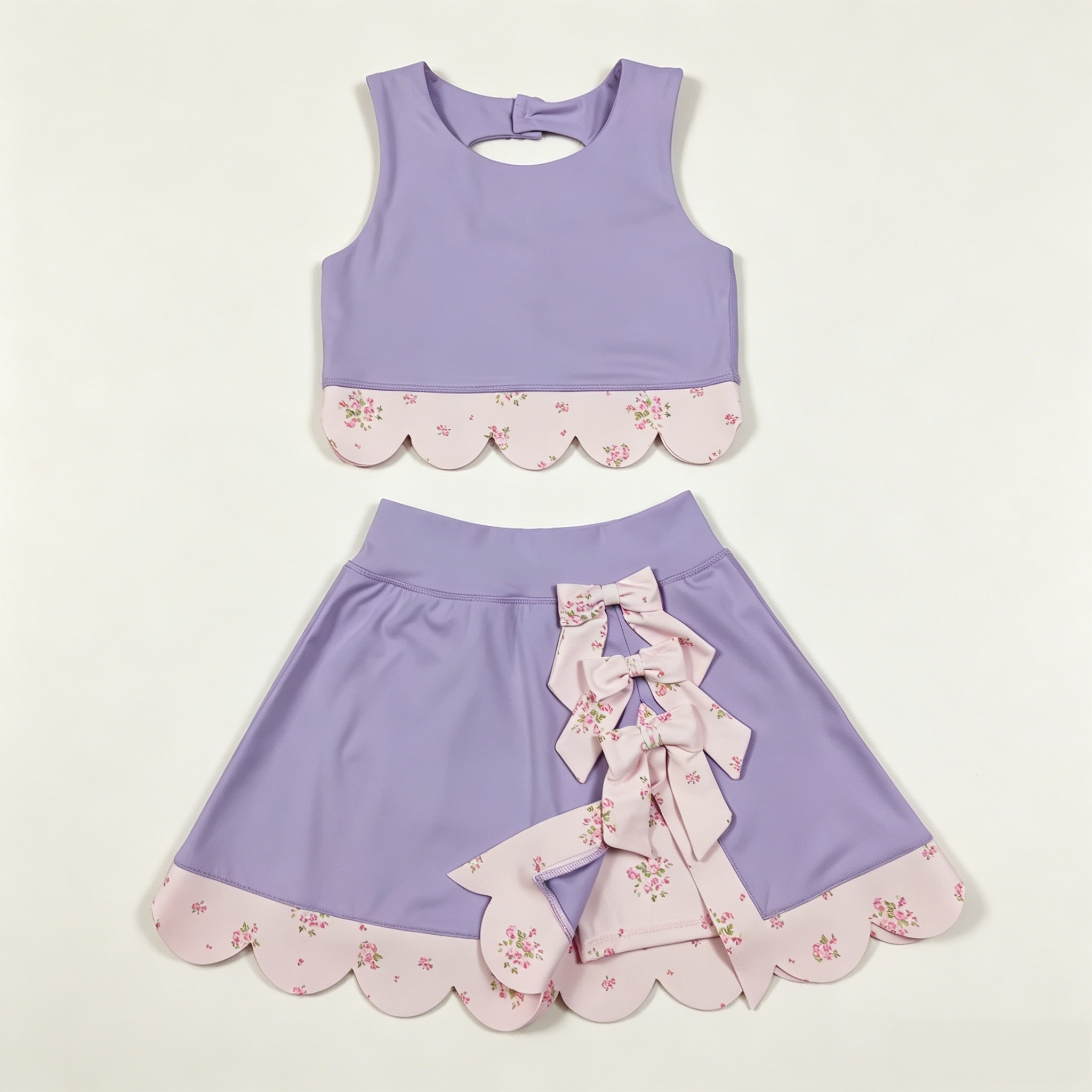 GSD3323  RTS Purple solid floral bows print active girl yoga scallop skirt dress