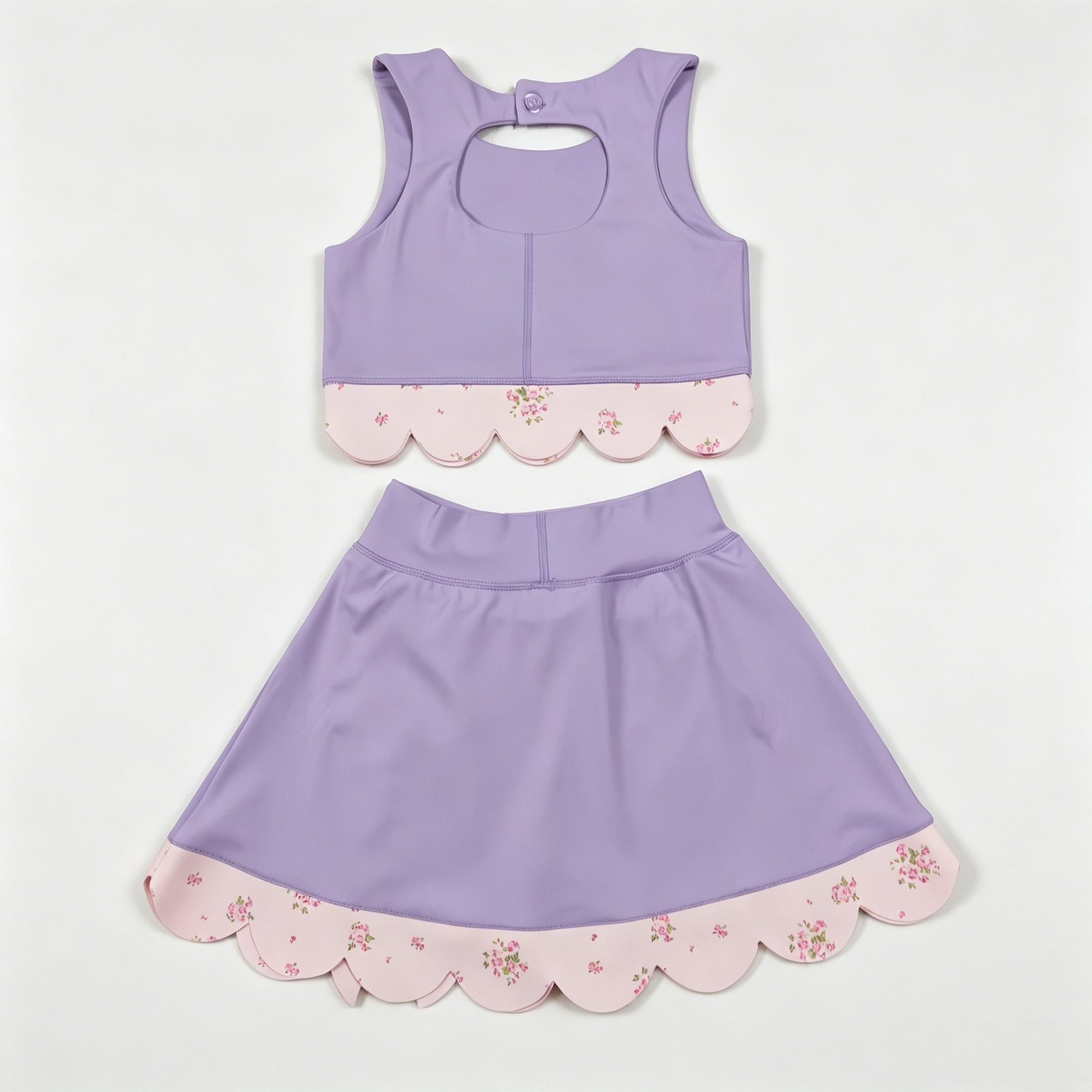 GSD3323  RTS Purple solid floral bows print active girl yoga scallop skirt dress