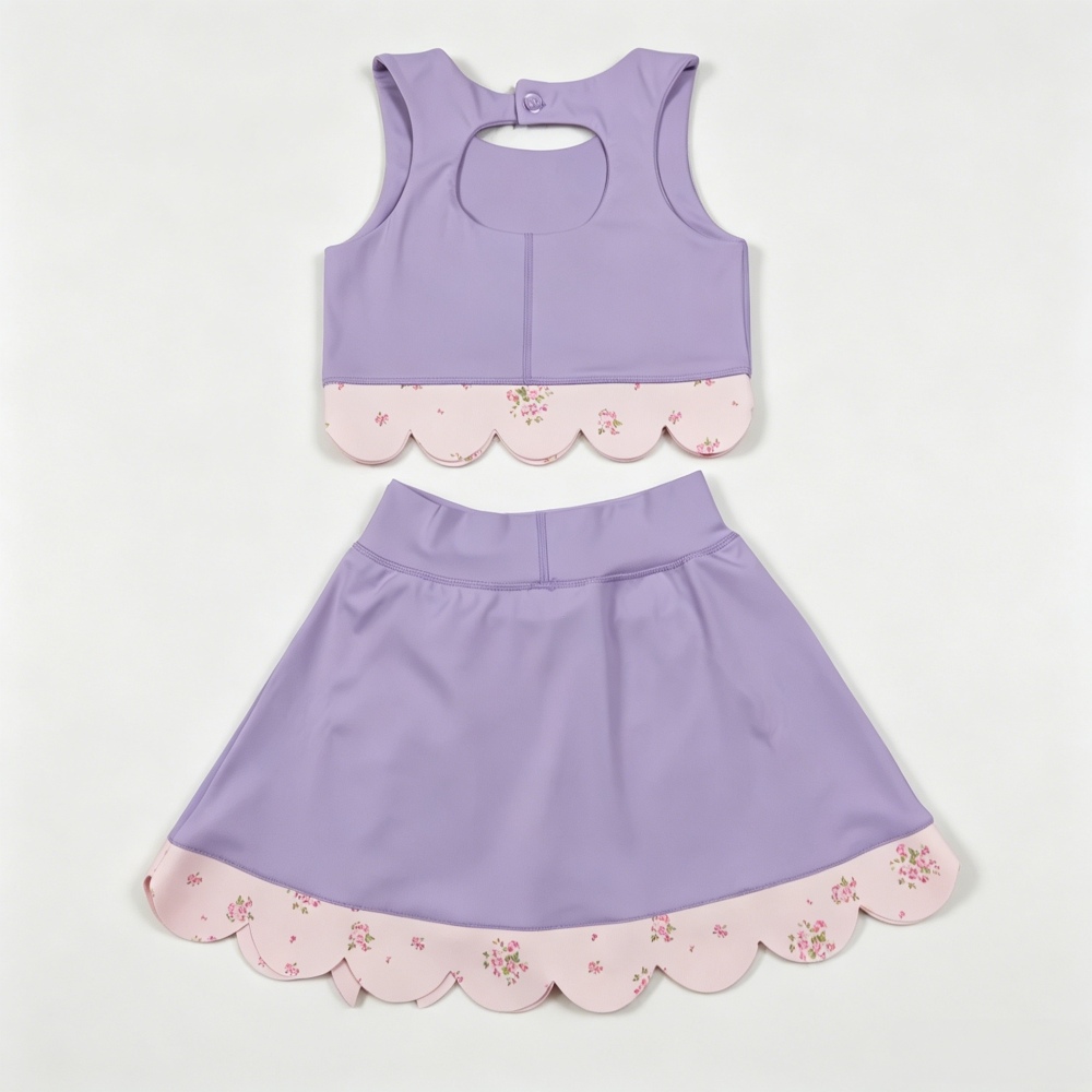 GSD3323  RTS Purple solid floral bows print active girl yoga scallop skirt dress