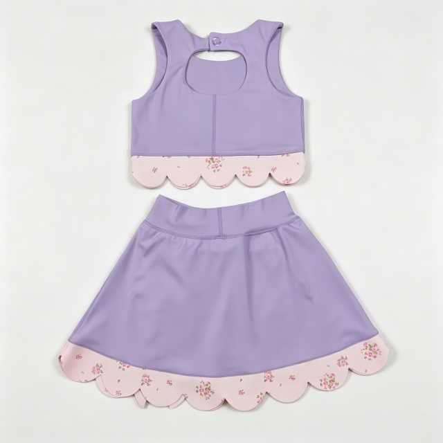 GSD3323  RTS Purple solid floral bows print active girl yoga scallop skirt dress