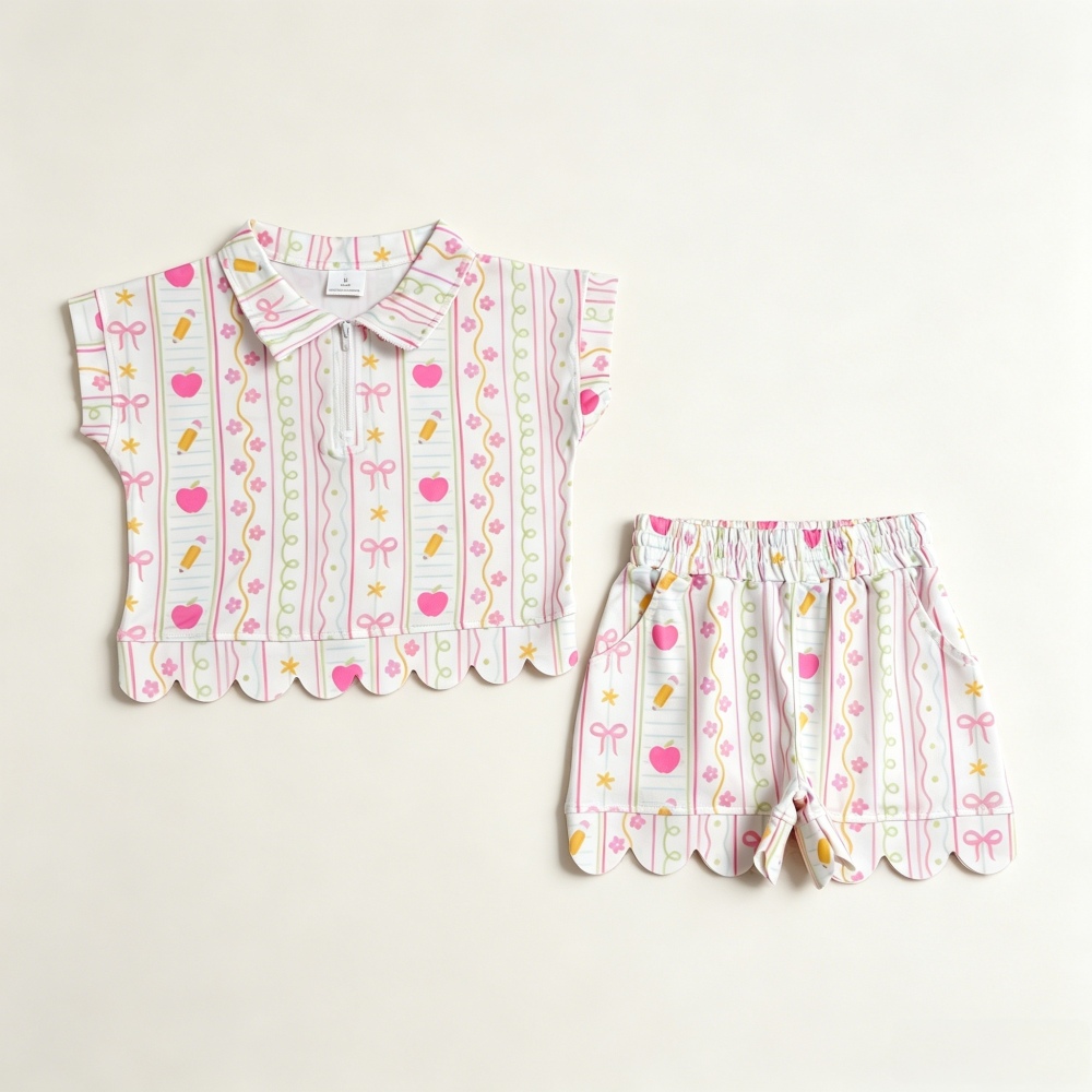 GSSO3582  Apple pencil bows back to school short sleeve girl Scallop outfits