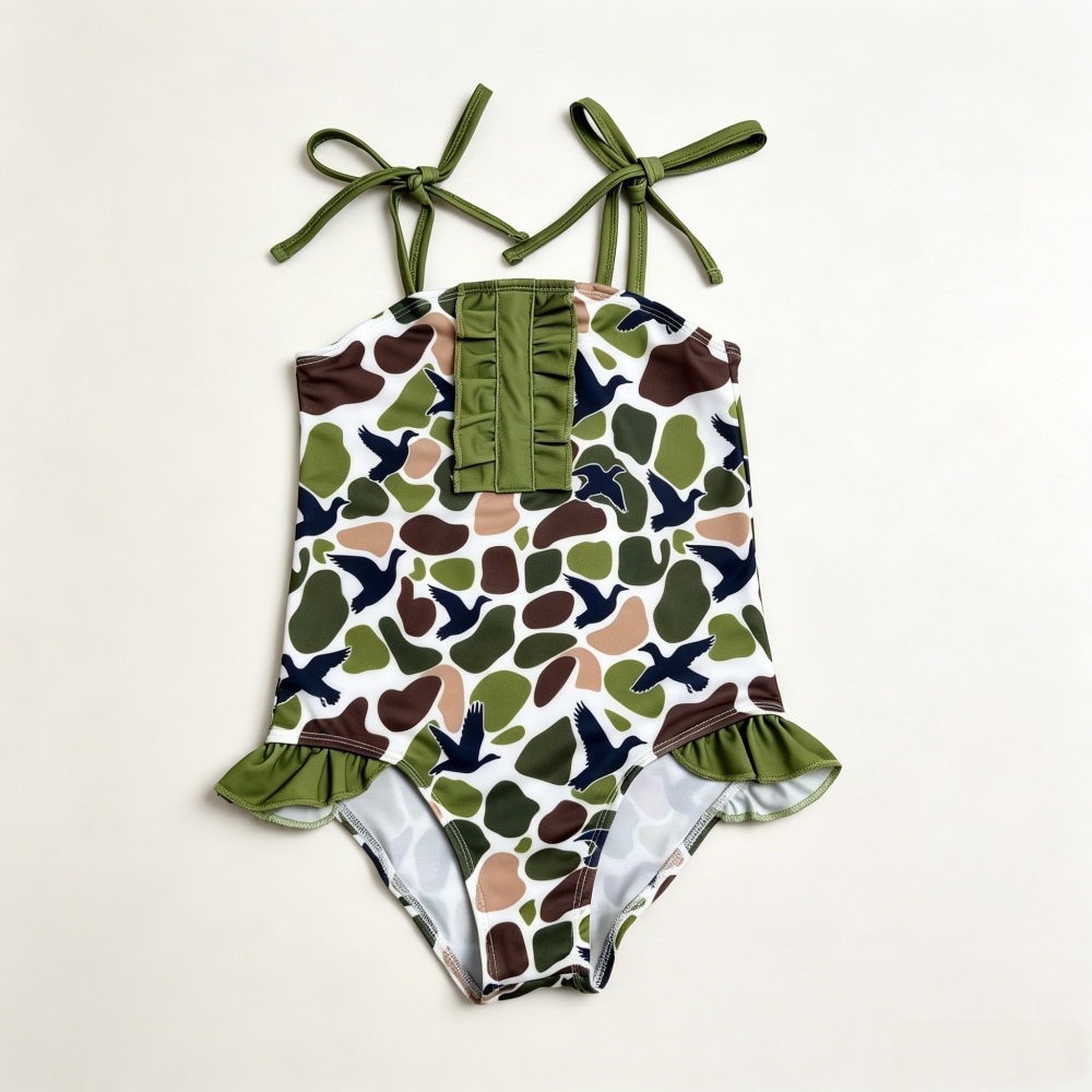 S0744 Camo green duck print girl sleeveless swimsuit