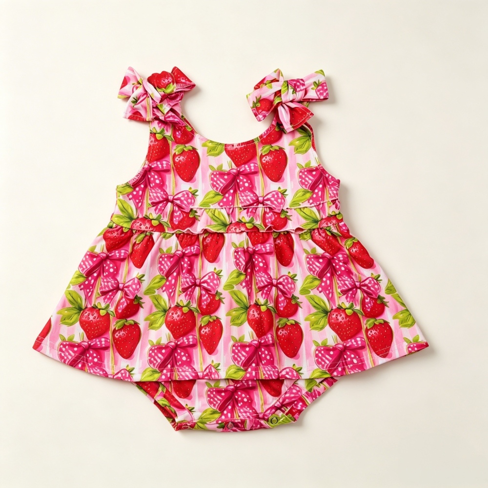 SR4134 RTS Girl Strawberry bows sleeveless girl romper