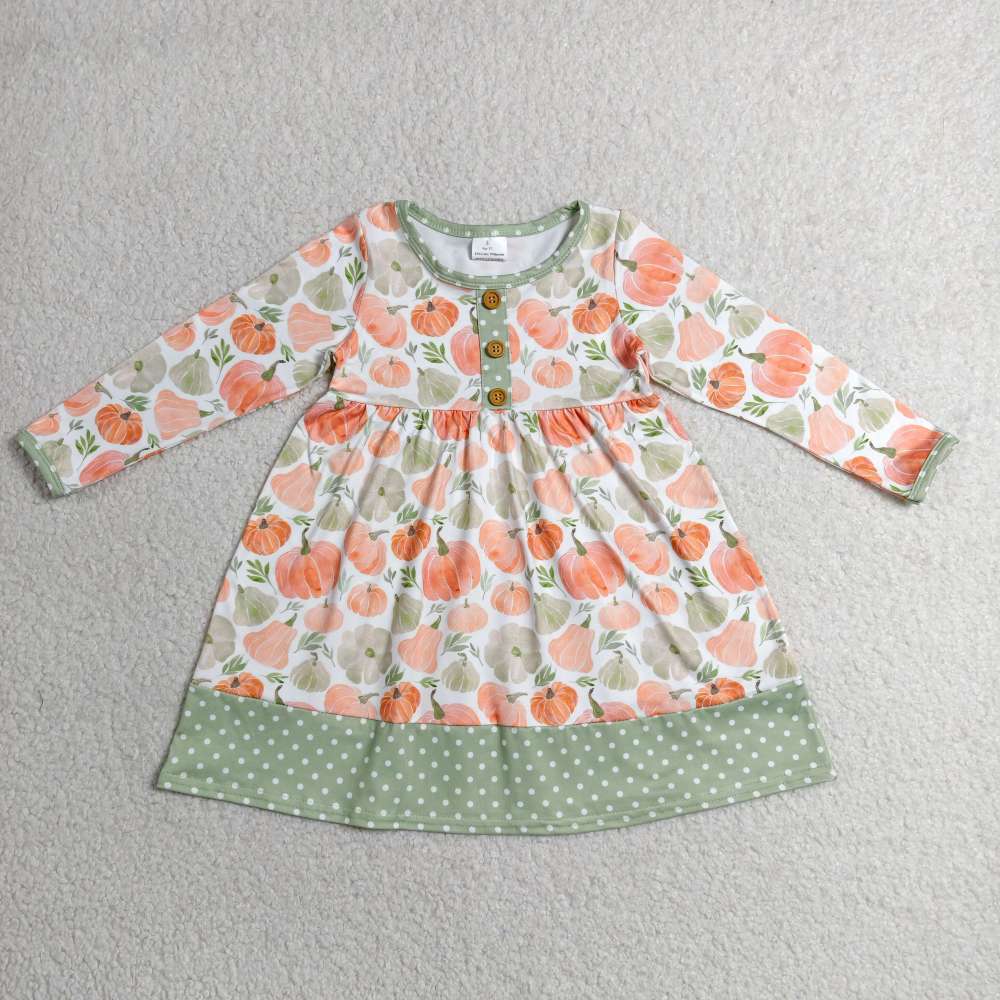 GLD1626 RTS Orange pumpkin leaves  girl fall long sleeve dress