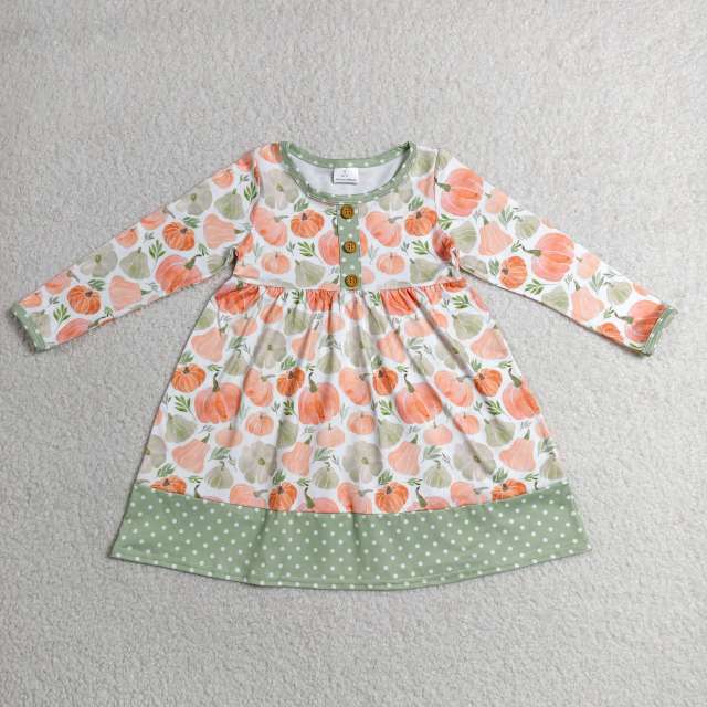 GLD1626 RTS Orange pumpkin leaves  girl fall long sleeve dress