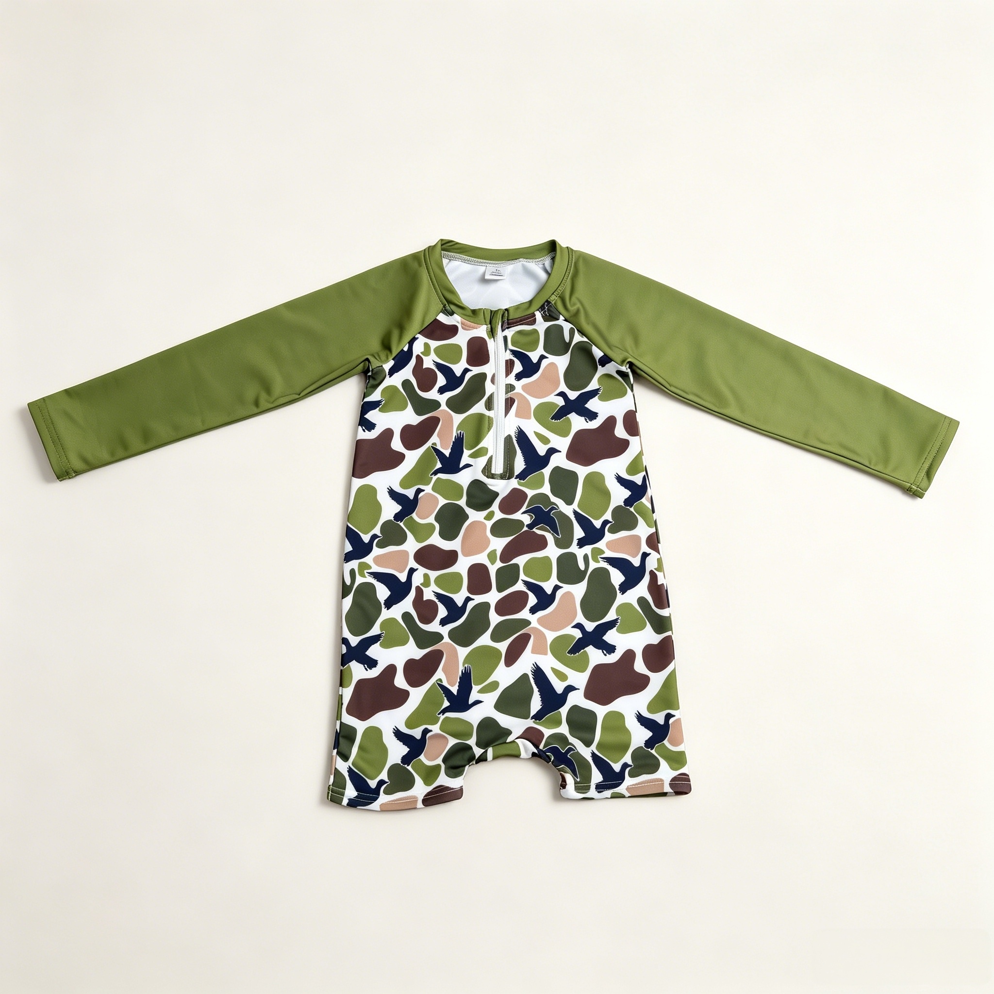 S0748 camo green duck print boy long sleeve swimsuit