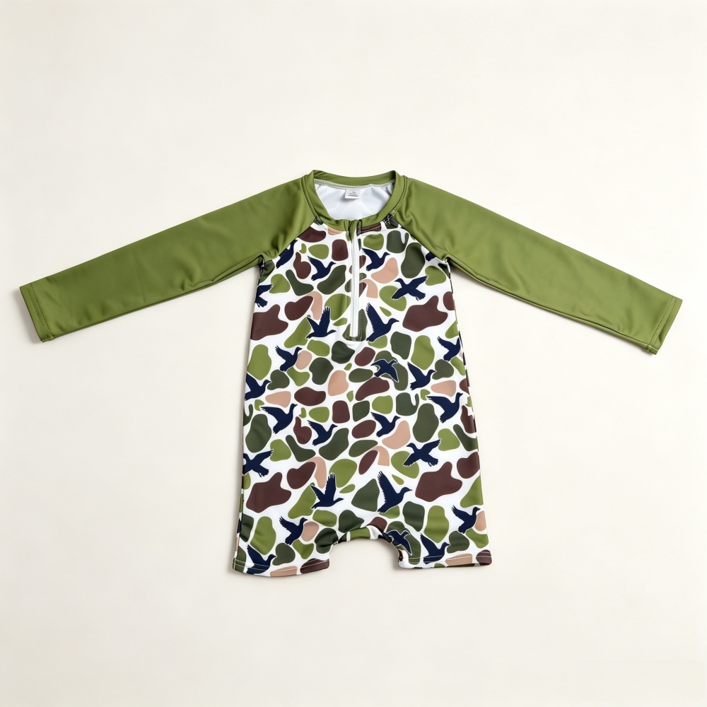 S0748 camo green duck print boy long sleeve swimsuit