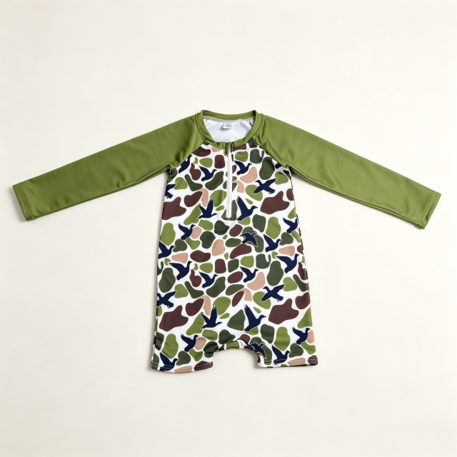 S0748 camo green duck print boy long sleeve swimsuit