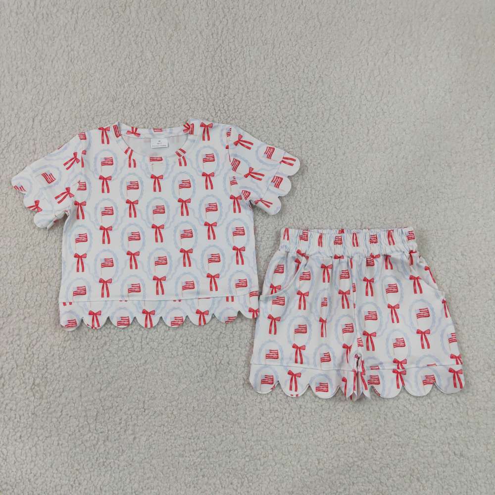 GSSO3552 Blue red bows 4th of july flag Print Short sleeve girl  SCALLOP  outfits