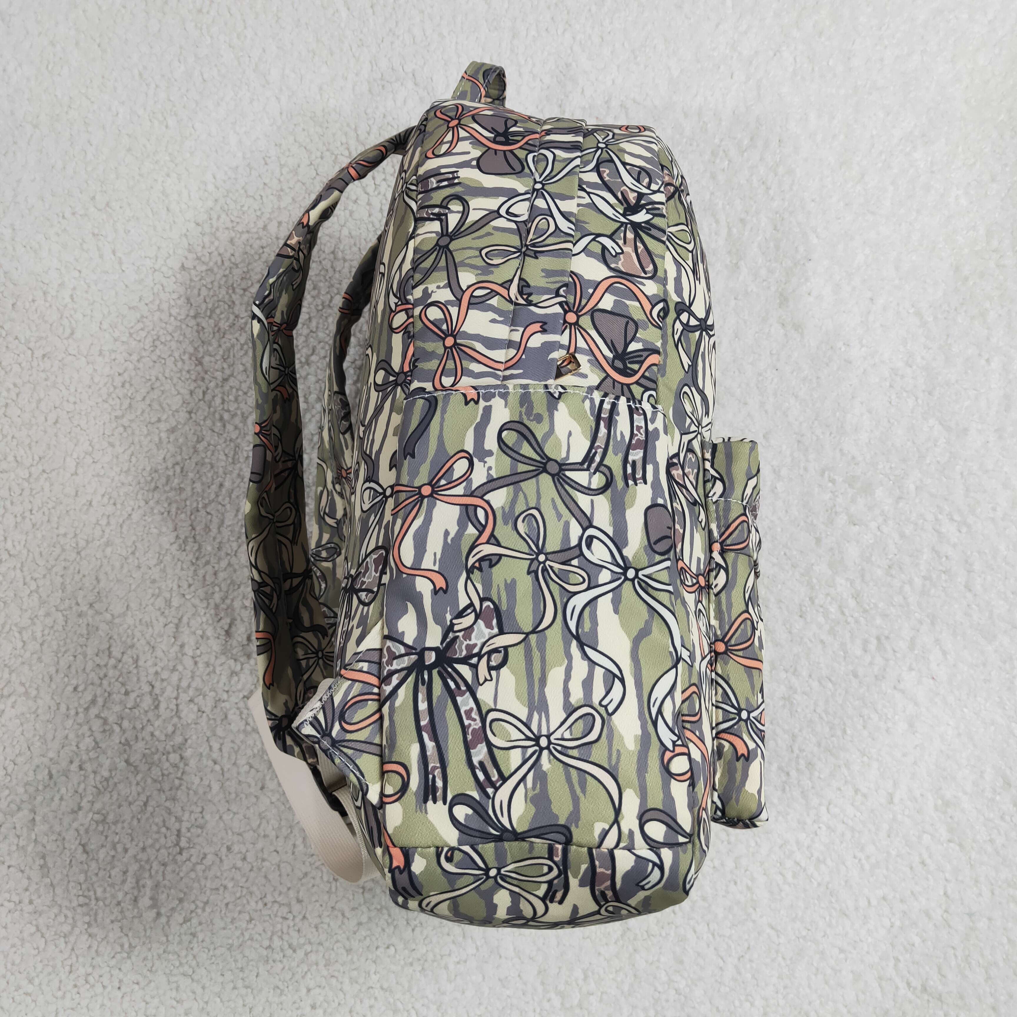 BA0394 camo green bows print kids backpack