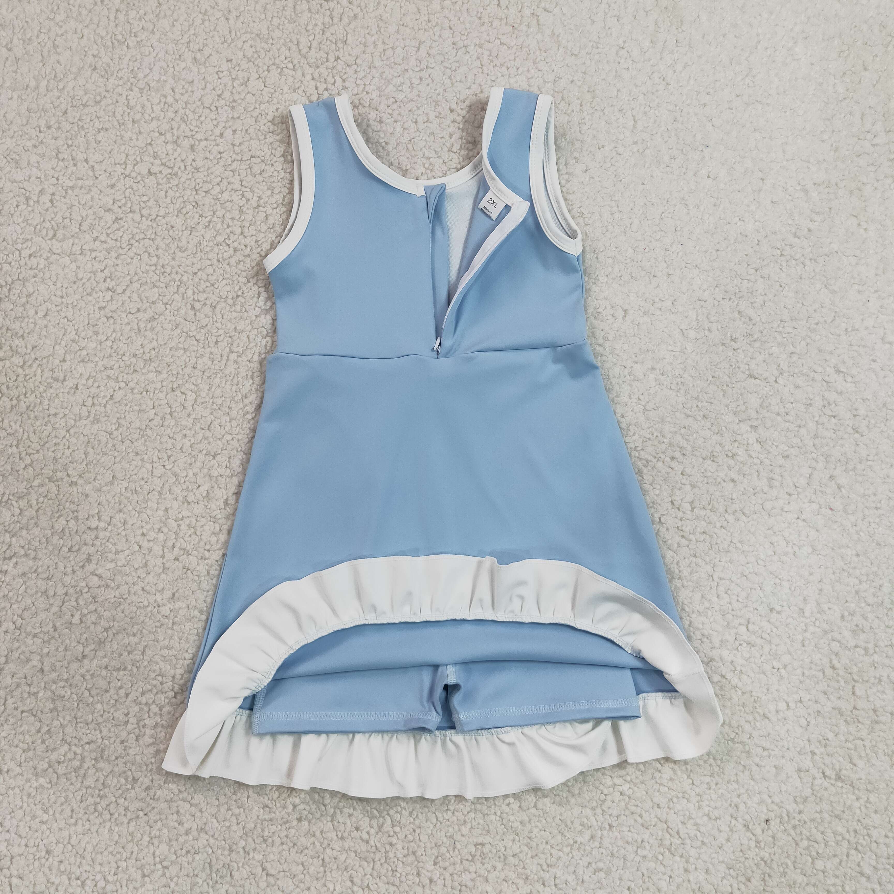 GSD4124  RTS Blue white with blue solid active girl yoga dress