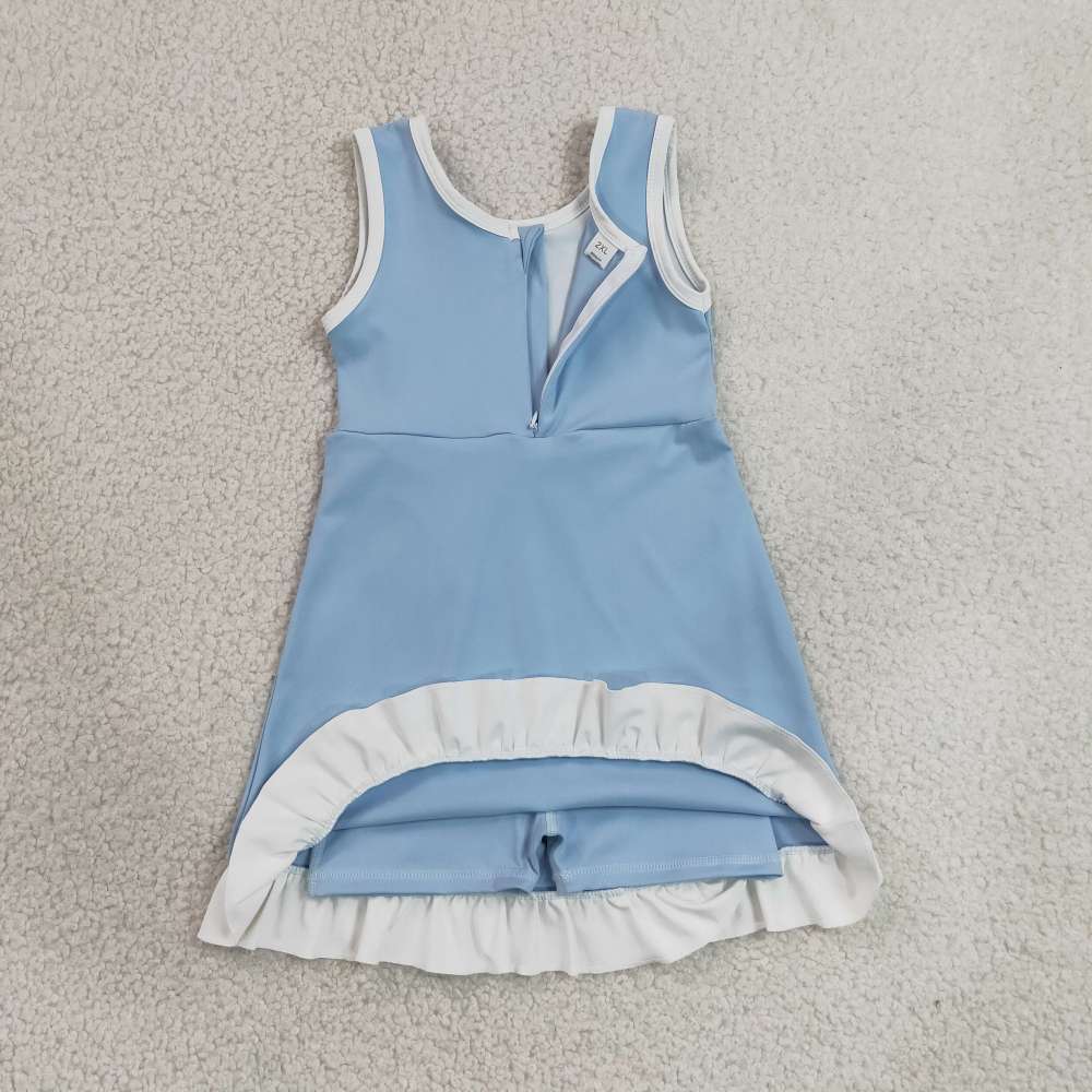 GSD4124  RTS Blue white with blue solid active girl yoga dress